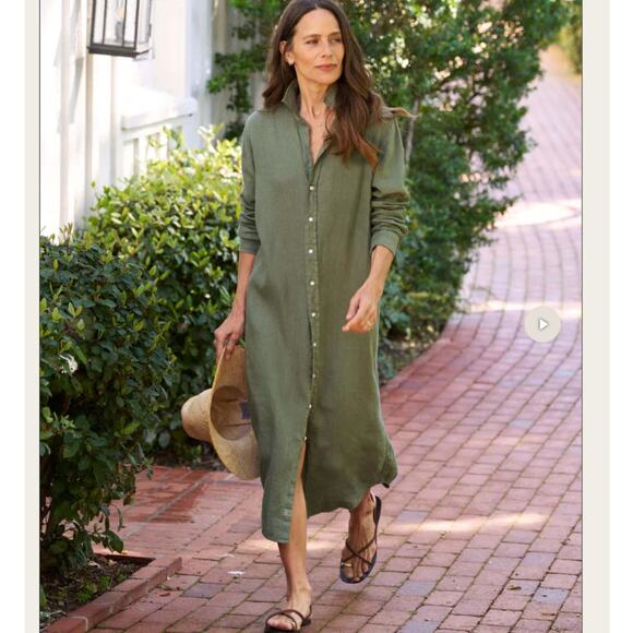 Frank & Eileen Rory Shirtdress Maxi Dress In Olive Size XL Washed Linen Made USA - Picture 6 of 16